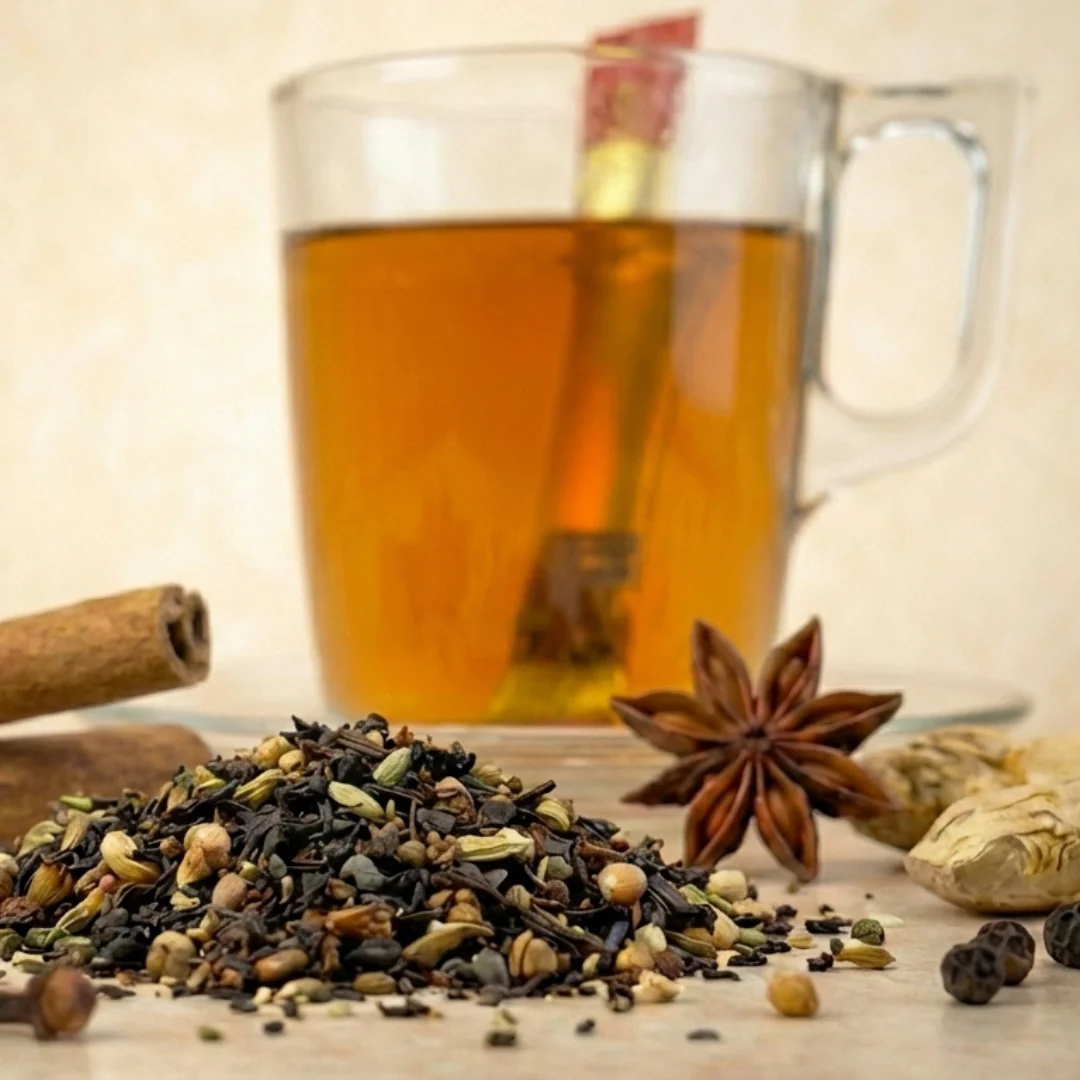 Masala Chai stick tea egy üveg csészében, chai fűszerekkel a kompozícióban.