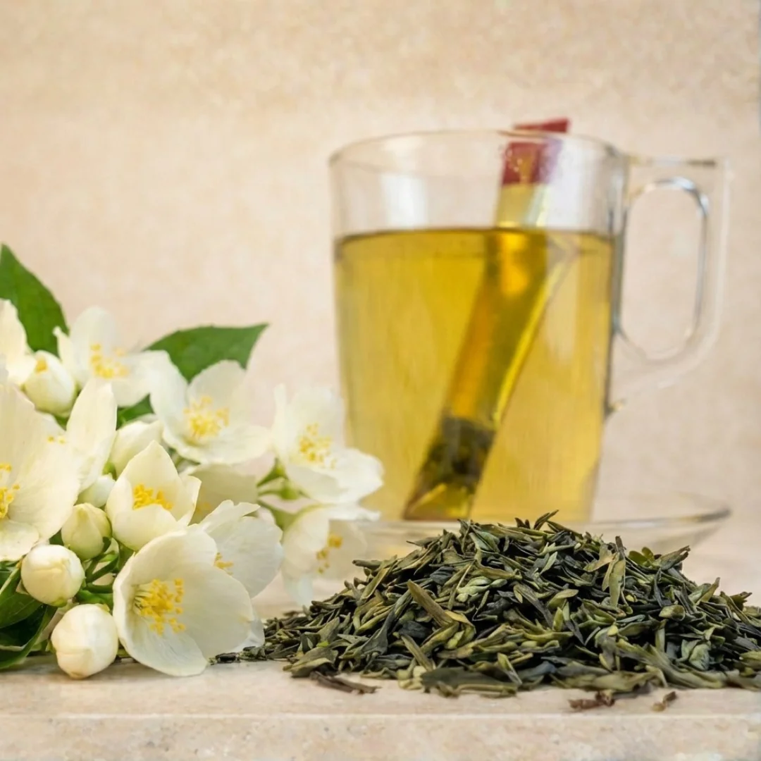 Jasmine Sencha stick tea egy üveg csészében, zöld tealevelekkel és jázmin virágokkal.