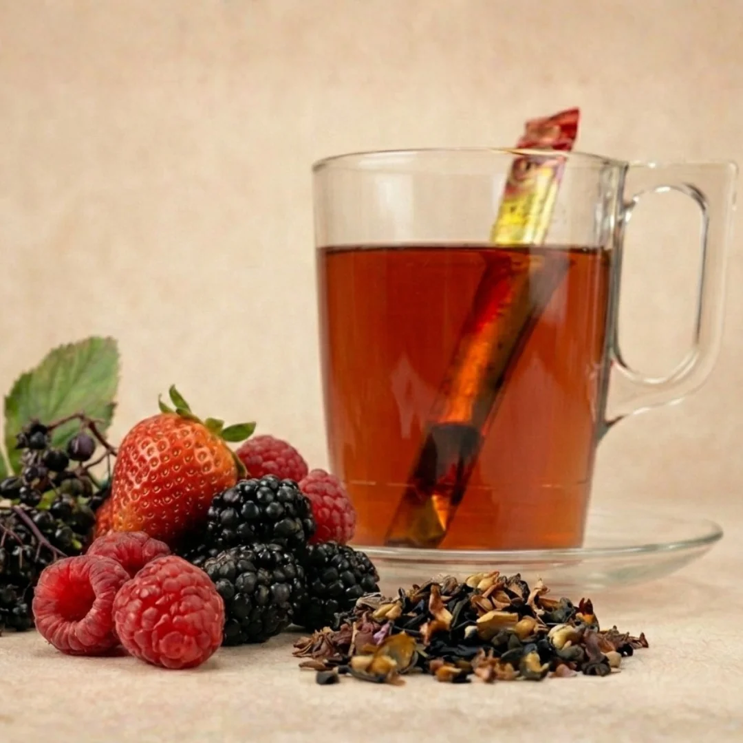 Ruby Berries stick tea egy üveg csészében, erdei gyümölcsökkel a kompozícióban.