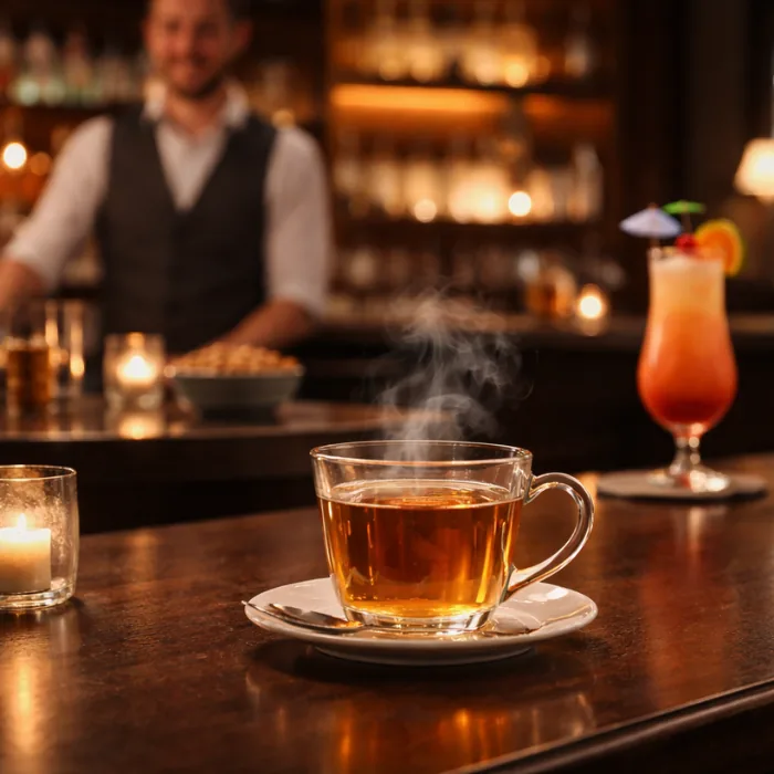 Teáscsésze a bárpulton, prémium bárkörnyezet