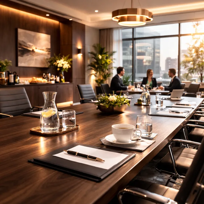 Meeting asztal bekészítve jegyzetekkel és eszközökkel workshophoz