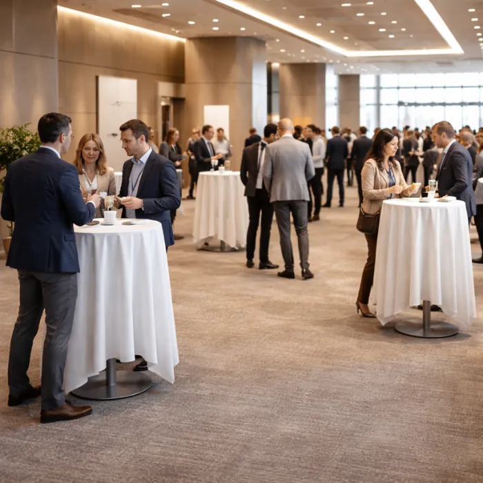 Konferenciaközpont előtere networking szünettel és állóasztalokkal