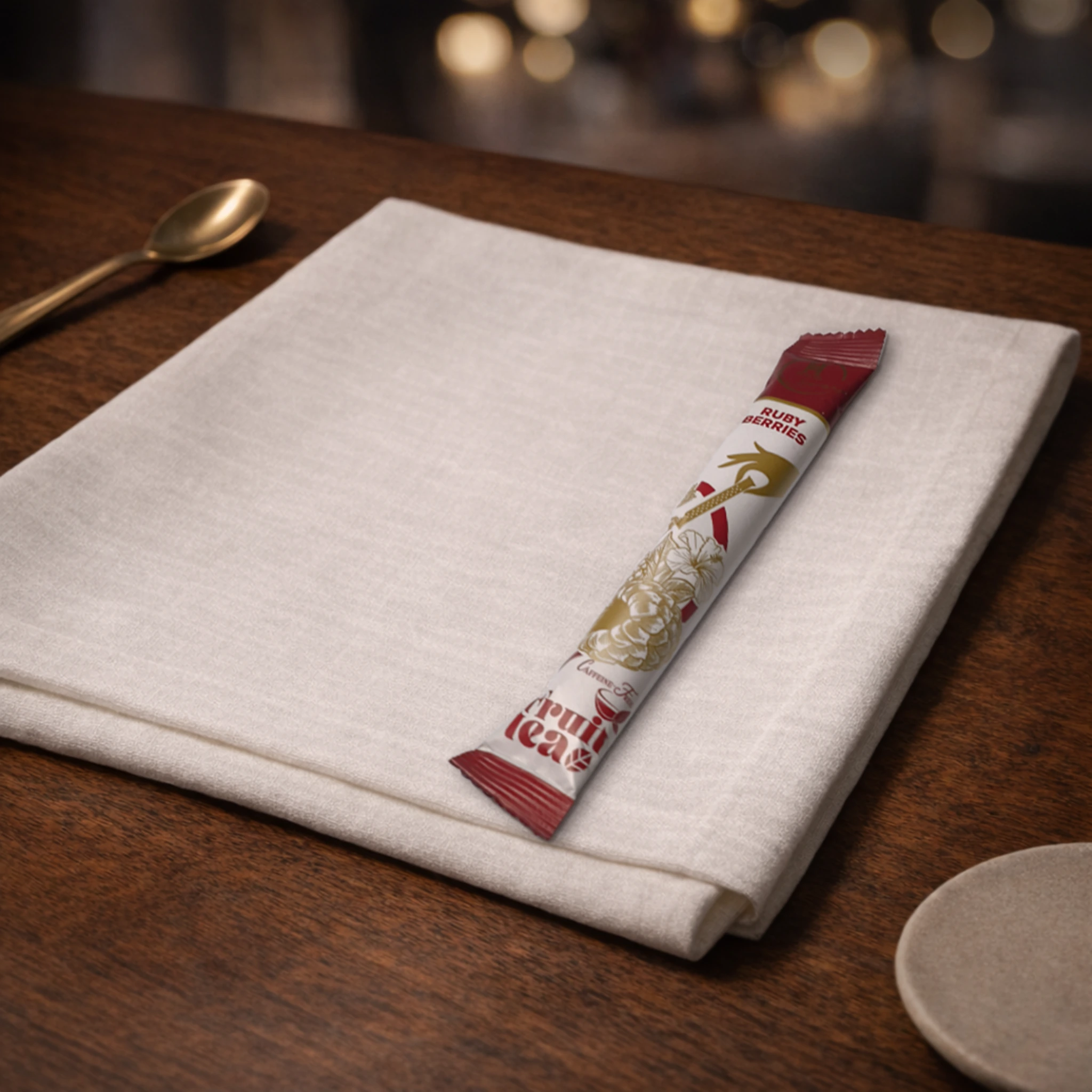 HILDA TEA Ruby Berries stick tea tasak szalvétán, elegáns asztali környezetben