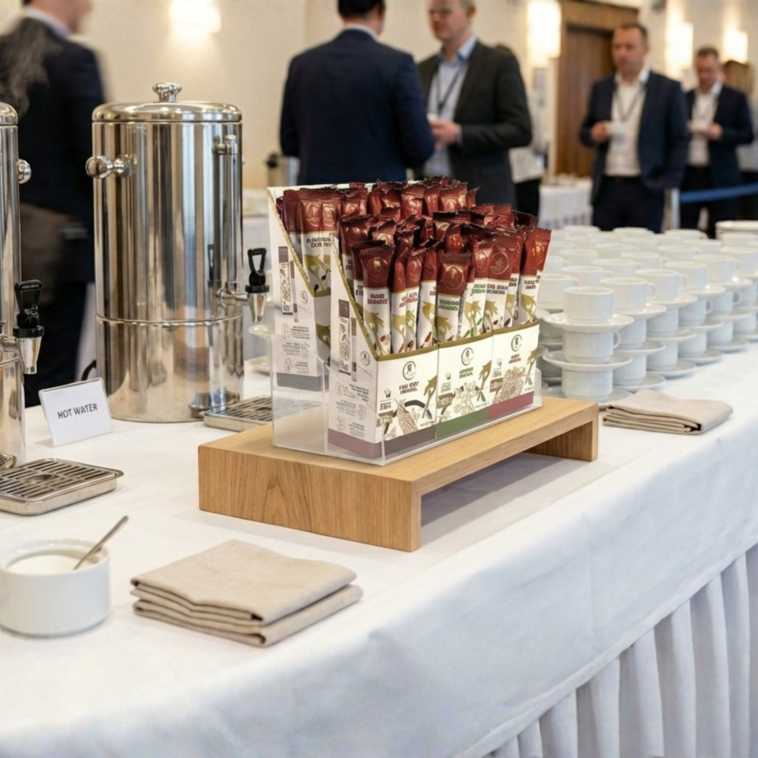 Stick tea display egy rendezvény büféasztalán, forróvizes urnával és csészékkel.