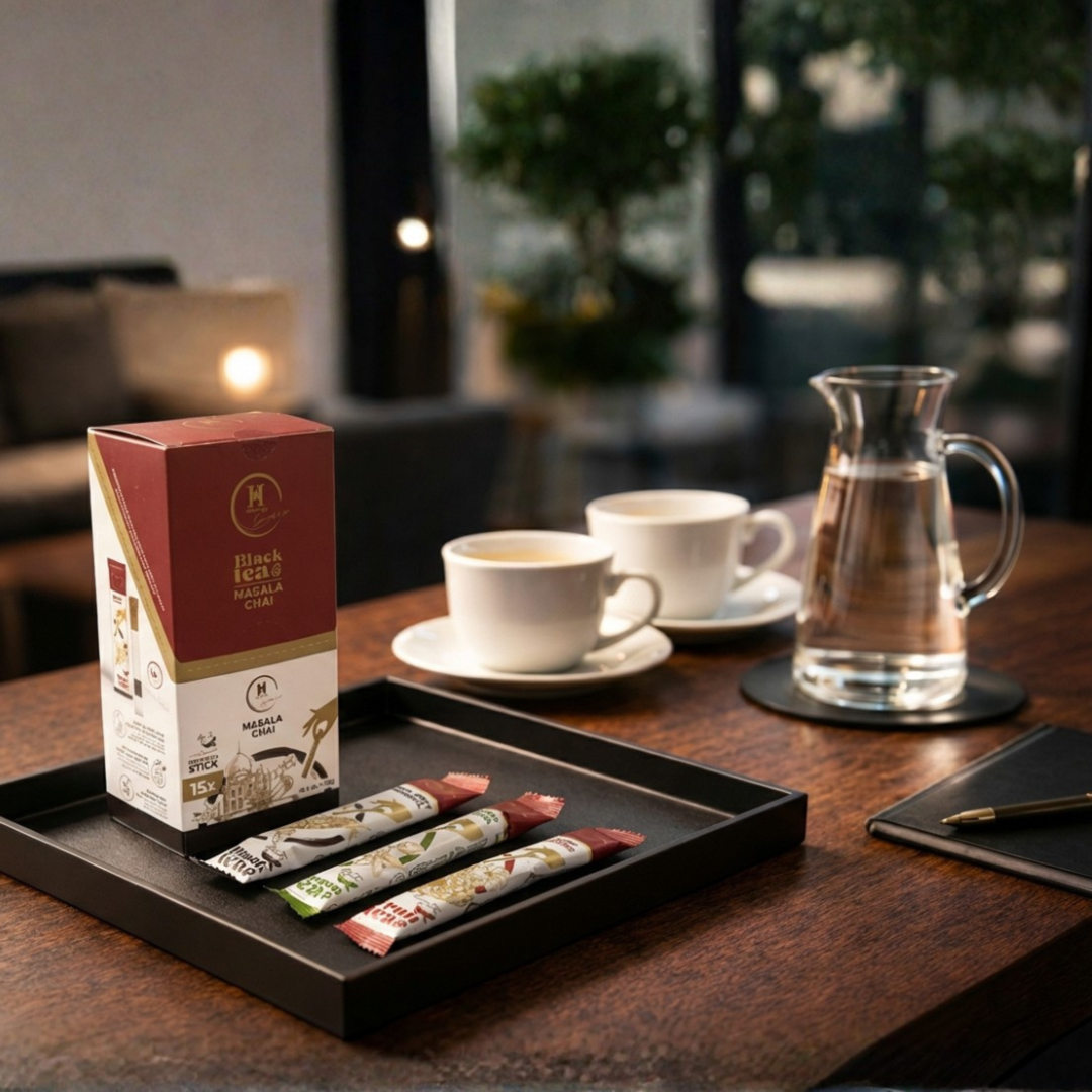 Masala Chai stick tea doboz és stickek egy tálcán, csészékkel és vizes kancsóval egy lounge asztalon.